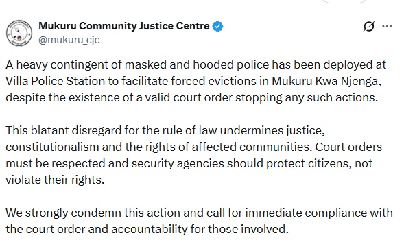 Mukuru Community Justice Centre post. PHOTO/Screengrab by Bomet Newswire