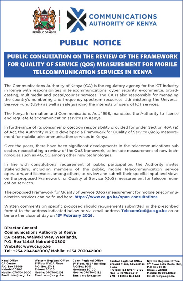 The Communications Authority of Kenya (CA) public notice dated Monday, January 12, 2026