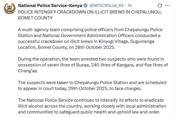 Police statement by NPS on twitter dated October 29, 2025. PHOTO/File