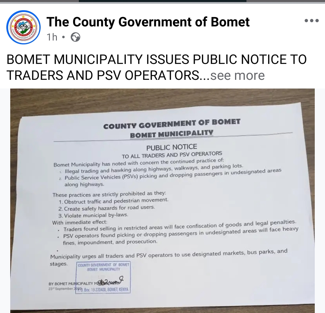 Bomet Municipality cracks down on illegal hawking and PSV operations