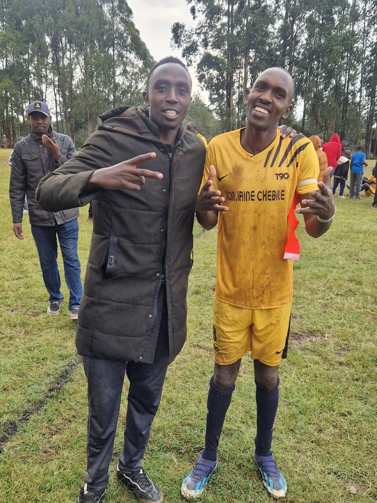 Enock Sang celebrates after scoring twice for Chepngaina FC during their encounter with Konoin Technical. Photo/Courtesy