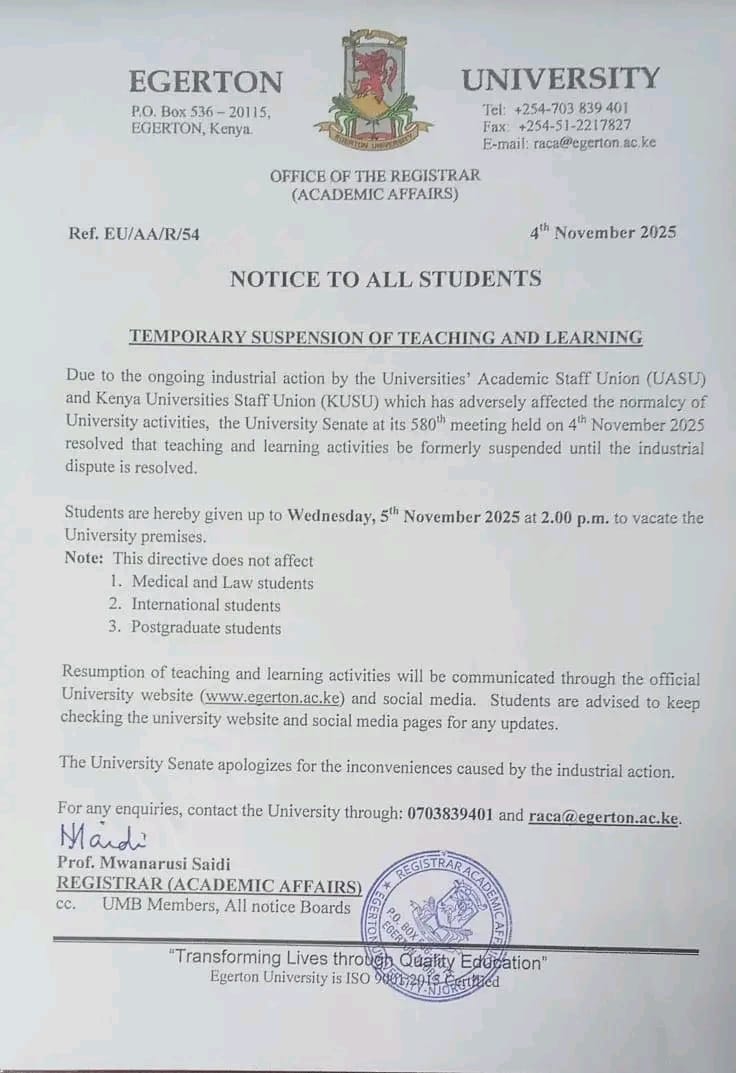 Statement sent to the students. PHOTO/Egerton University