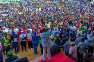 Former Deputy President Rigathi Gachagua during Tononoka rally in Mombasa on Saturday, April 21, 2026. PHOTO/@rigathi/X