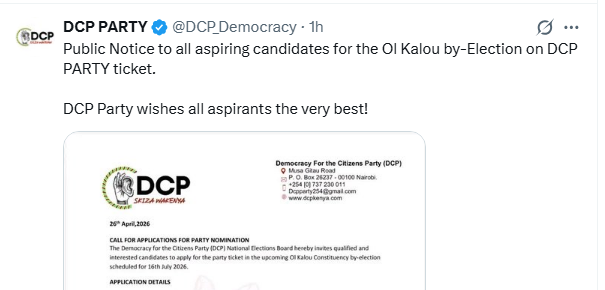 The Democracy for the Citizens Party (DCP) statement on April 26, 2026. PHOTO/@NPSOfficial_KE/x
