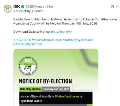 The Independent Electoral and Boundaries Commission by-election notice on April 26, 2026. PHOTO/Screengrab by People Daily Digital/@IEBCKenya/X