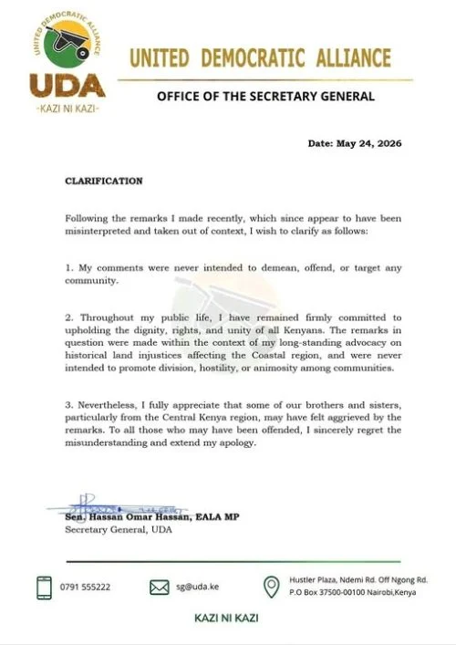 UDA’s Official statement on Omar’s remarks.PHOTO/https://web.facebook.com/TheUDAKenya