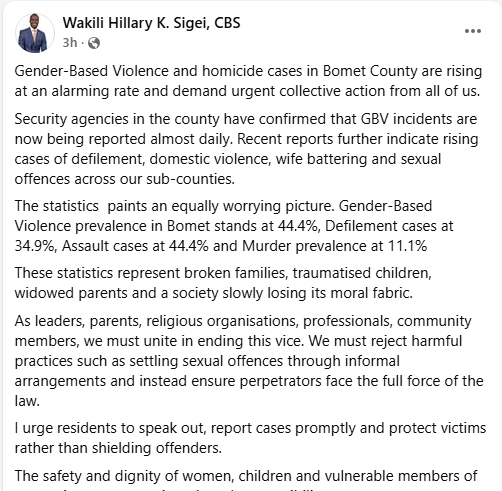 Bomet County Senator Hillary Sigei's Facebook on Tuesday, May 26, 2026. PHOTO/https://www.facebook.com/wakilisigei.senator/Facebook