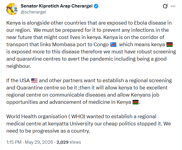 Nandi Senator Cherargei's X post on Friday, May 29, 2026. PHOTO/Screengrab by BometNewswire Digital/https://x.com/scherargei/status/2060303977372139572/X