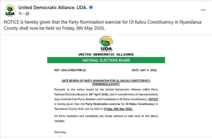 The United Democratic Alliance (UDA) post on May 4, 2026. PHOTO/UDA Party/FB