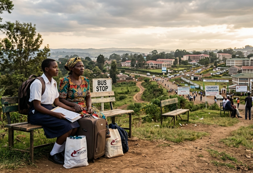 A parent and student sit with their luggage at a rural bus stop, looking toward a distant university campus under an overcast sky