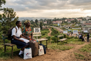 A parent and student sit with their luggage at a rural bus stop, looking toward a distant university campus under an overcast sky