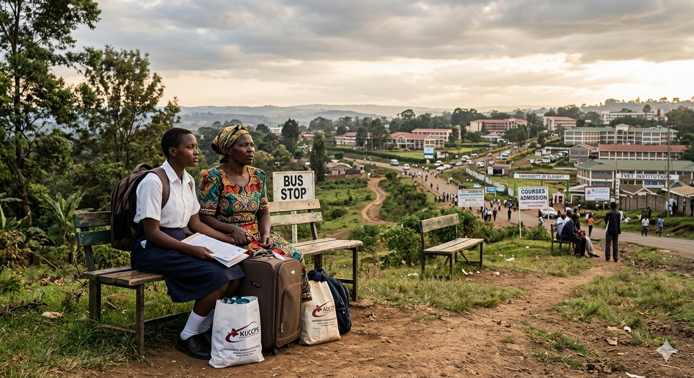 A parent and student sit with their luggage at a rural bus stop, looking toward a distant university campus under an overcast sky