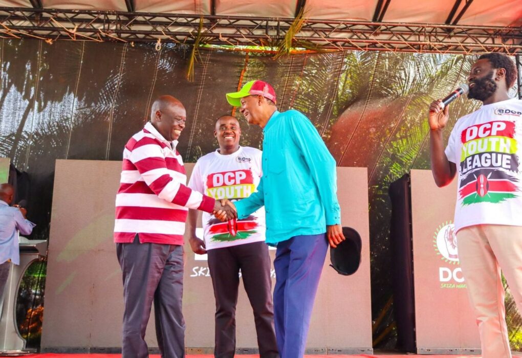Former Deputy President Rigathi Gachagua shaking hands with Kamkunji MP Yusuf Mohamed (blue attire)as he welcomes him into the party. PHOTO/https://www.facebook.com/share/p/19b49gBFaV/facebook