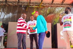 Former Deputy President Rigathi Gachagua shaking hands with Kamkunji MP Yusuf Mohamed (blue attire)as he welcomes him into the party. PHOTO/https://www.facebook.com/share/p/19b49gBFaV/facebook
