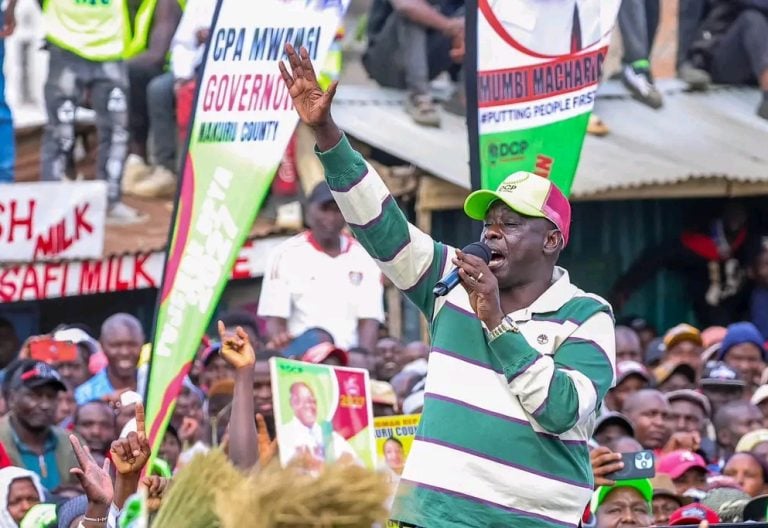 Former Deputy President Rigathi Gachagua speaking during a DCP rally in Nakuru on Saturday, August 15, 2026. PHOTO/@rigathi/X