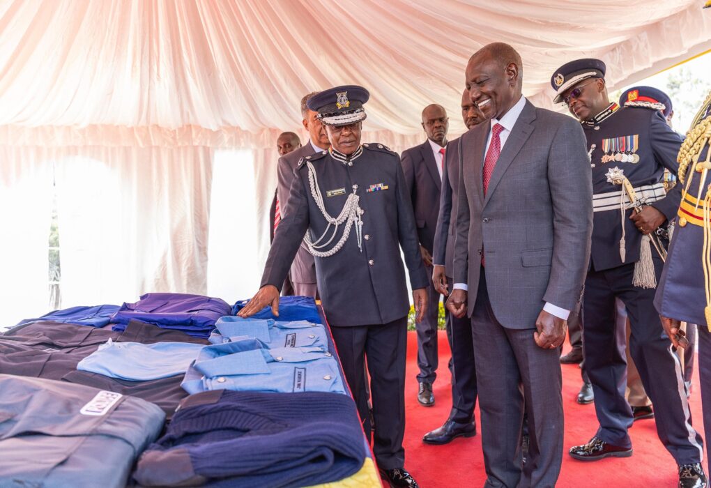 President William Ruto inspecting the new police uniform. PHOTO/@WilliamsRuto/X