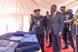 President William Ruto inspecting the new police uniform. PHOTO/@WilliamsRuto/X
