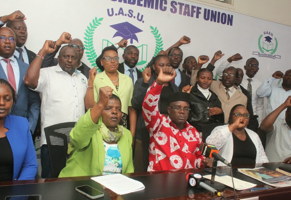Universities Academic Staff Union(UASU) members led by the Secretary General Constantine Wasonga during a media briefing where they issued a seven-day strike notice for the government’s failure to implement CBA.