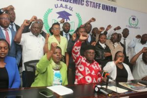Universities Academic Staff Union(UASU) members led by the Secretary General Constantine Wasonga during a media briefing where they issued a seven-day strike notice for the government’s failure to implement CBA.