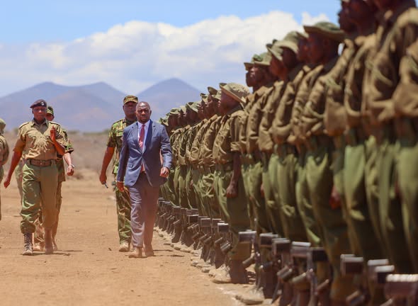 Interior CS Kipchumba Murkomen presiding over the passing-out ceremony of 705 police reservists at the Magado Field Training Camp in Meru County. PHOTO/@kipmurkomen/X