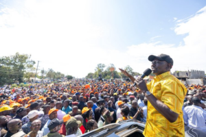 President William Ruto speaks to residents of Nyando Constituency, Kisumu County, during the launch of the construction of the 12km Rabuor-Chiga road. PHOTO/@WilliamsRuto/X