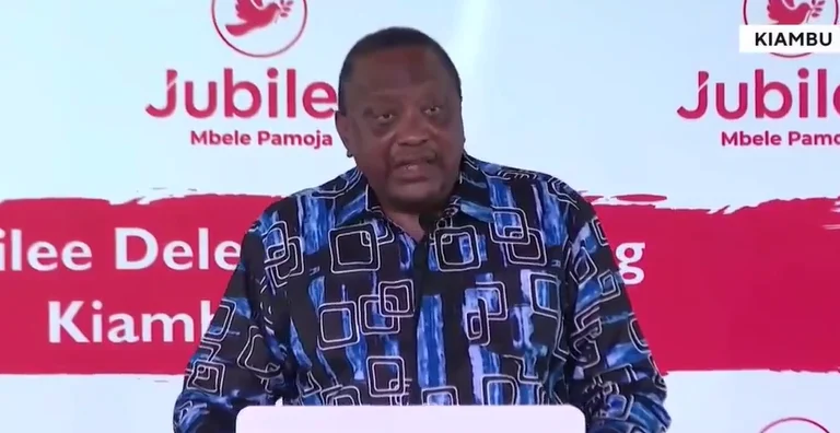 Retired President Uhuru Kenyatta addressing Jubilee Party delegates at a meeting in Kiambu on Monday, May 24, 2026.
