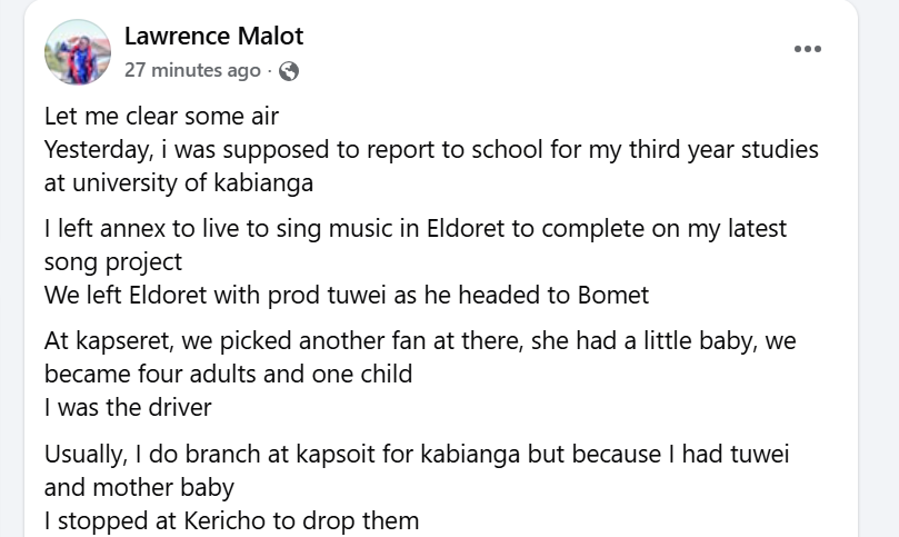 Part of the statement by University of Kabianga student and musician Lawrence Malot. PHOTO/Malot/Facebook
