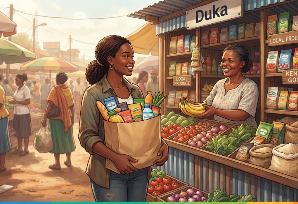 A smiling woman holds a grocery bag while buying bananas from a joyful vendor at her 'Duka' stall in a bustling Kenyan market.