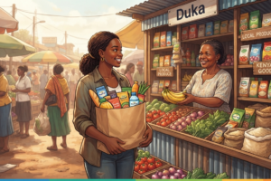 A smiling woman holds a grocery bag while buying bananas from a joyful vendor at her 'Duka' stall in a bustling Kenyan market.
